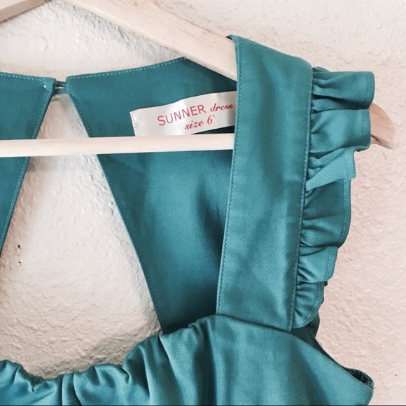 Anthropologie Sunner Dress Teal Ruffle Sheath sleeveless size 6 - Picture 5 of 5
